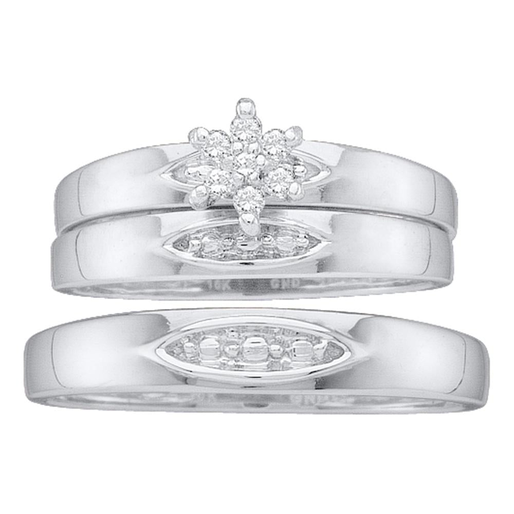 10kt White Gold His & Hers Round Diamond Cluster Matching Bridal Wedding Ring Band Set 1/12 Cttw