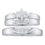 10kt White Gold His & Hers Round Diamond Cluster Matching Bridal Wedding Ring Band Set 1/12 Cttw