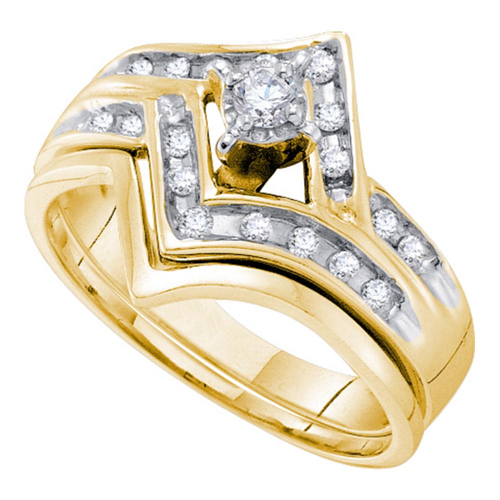 14kt Two-tone Gold Womens Round Diamond Chevron Bridal Wedding Engagement Ring Band Set 1/4 Cttw