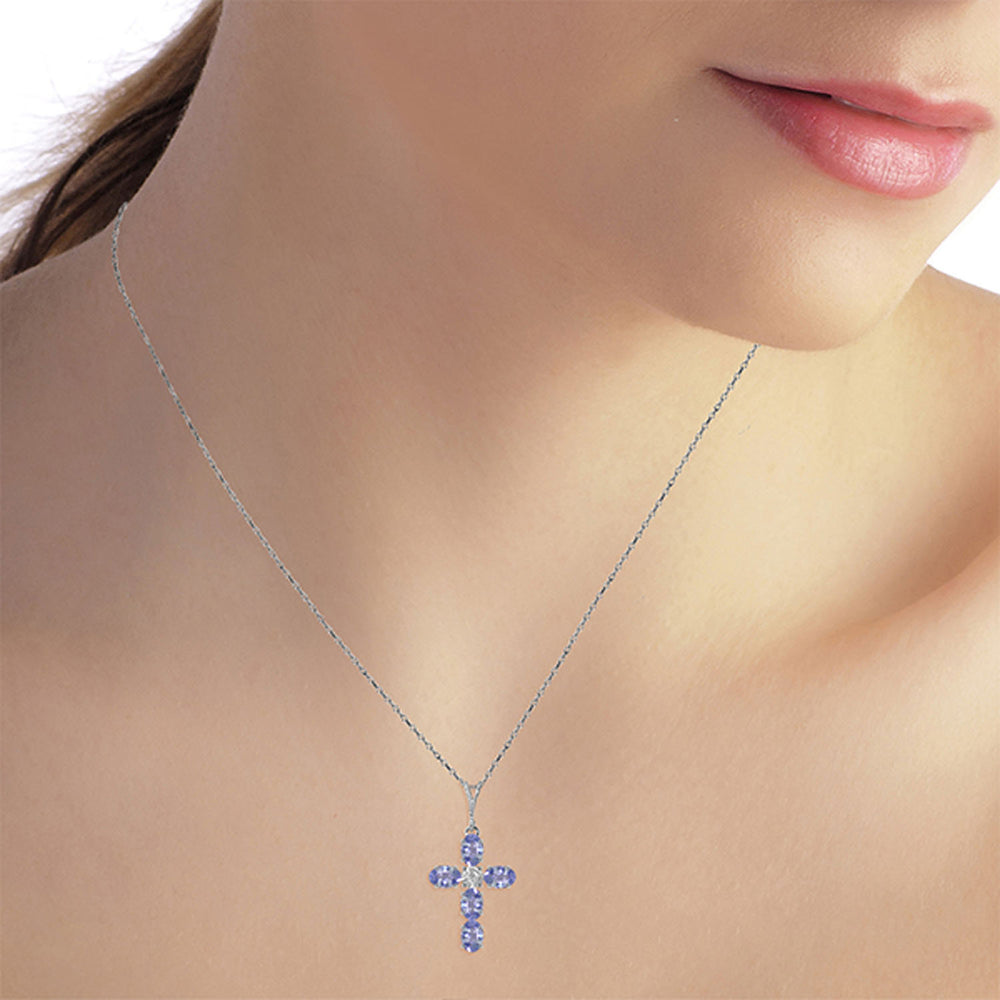 1.75 Carat 14K Solid White Gold Cross Necklace Natural Diamond Tanzanite