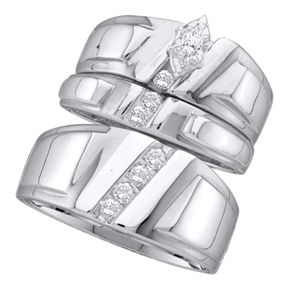 10k White Gold Marquise Diamond Solitaire Womens Mens Matching Trio Wedding Bridal Set 1/4 Cttw