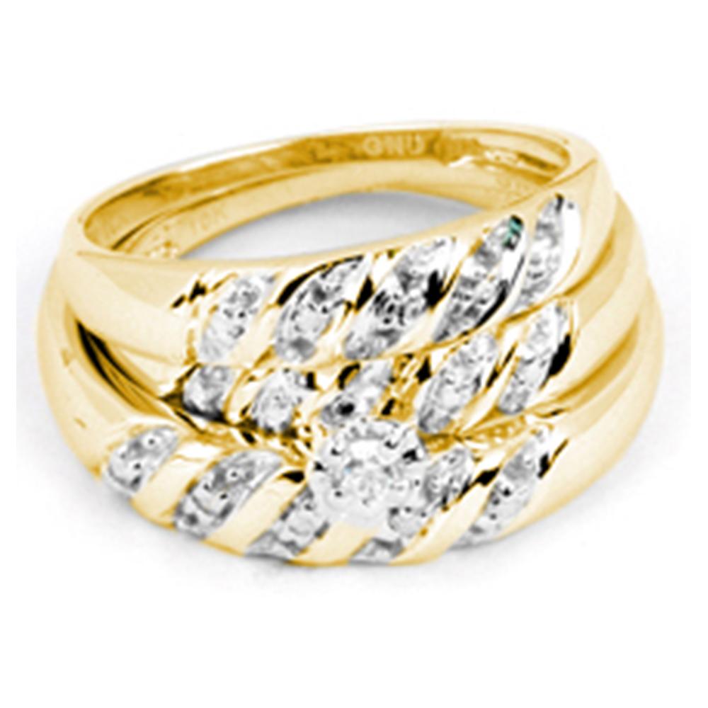 14kt Yellow Gold His & Hers Round Diamond Solitaire Matching Bridal Wedding Ring Band Set 1/12 Cttw