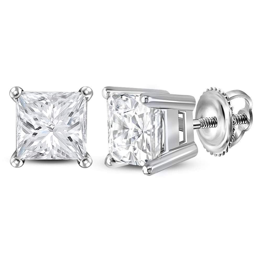 14kt White Gold Unisex Princess Diamond Solitaire Stud Earrings 1-1/2 Cttw