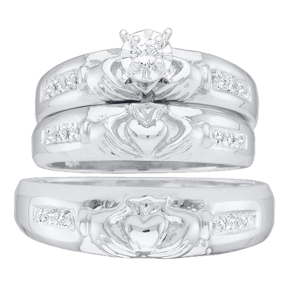10kt White Gold His & Hers Round Diamond Claddagh Matching Bridal Wedding Ring Band Set 1/8 Cttw