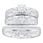 10kt White Gold His & Hers Round Diamond Claddagh Matching Bridal Wedding Ring Band Set 1/8 Cttw