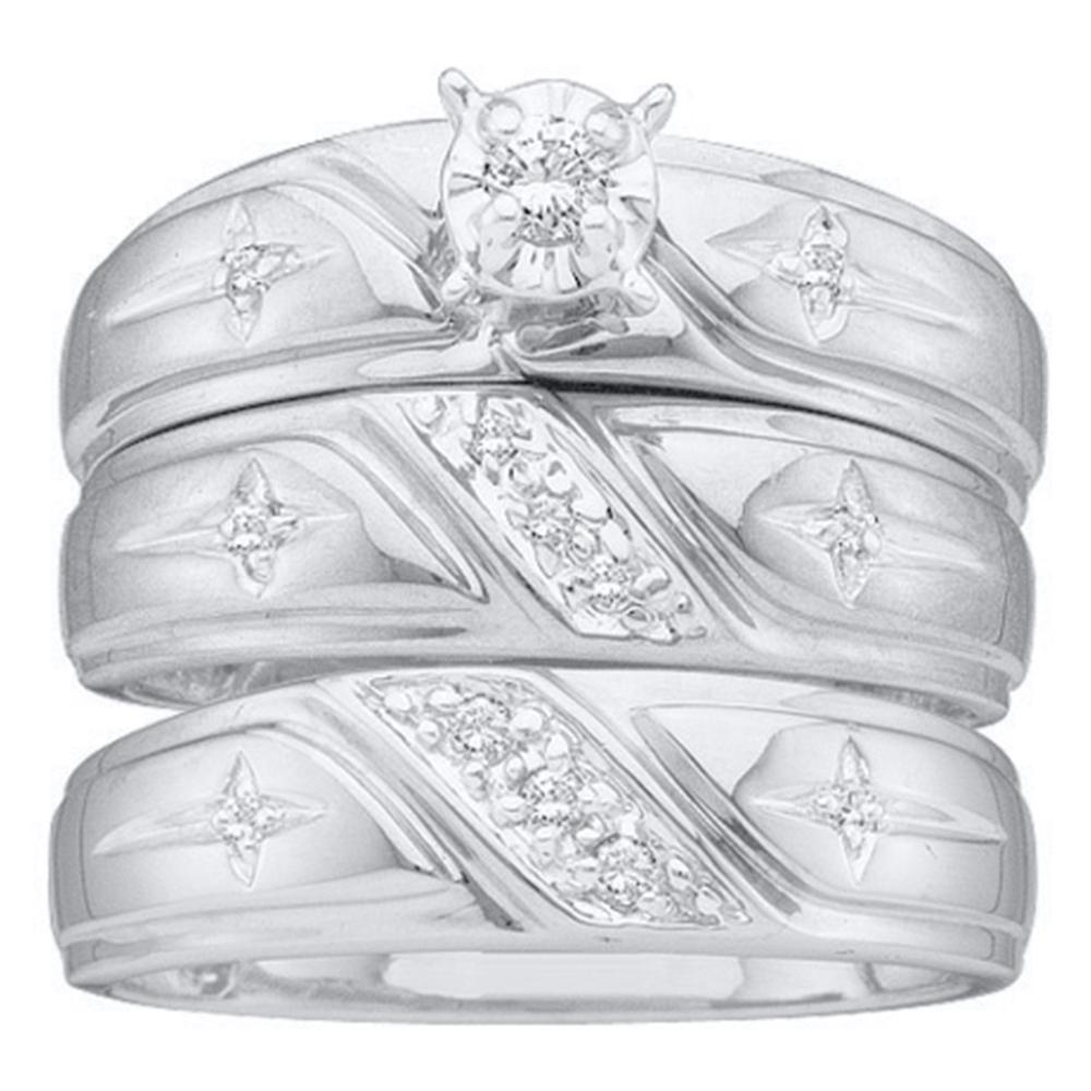 10kt White Gold His & Hers Round Diamond Solitaire Christian Cross Matching Bridal Wedding Ring Band Set 1/6 Cttw