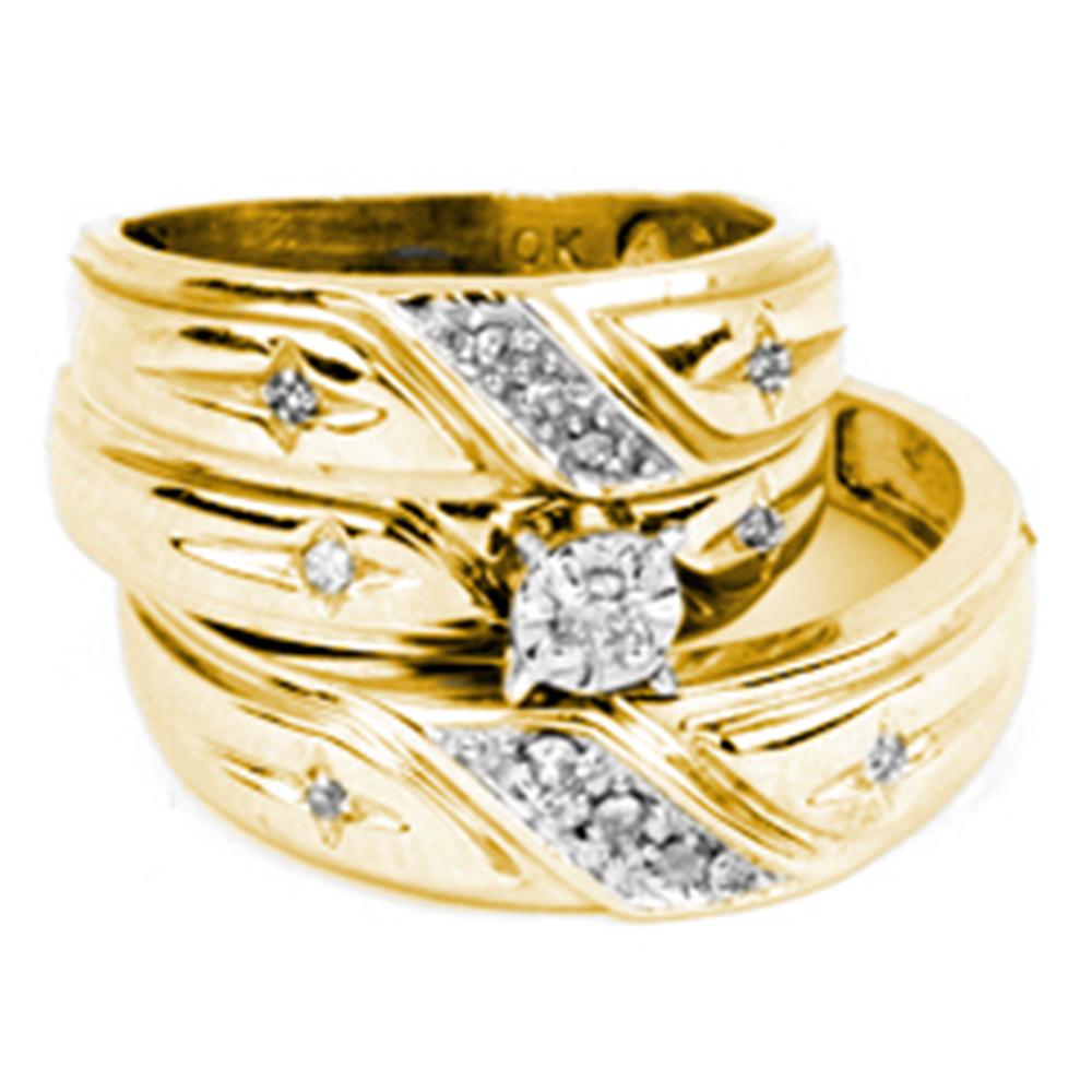 14kt Yellow Gold His & Hers Round Diamond Solitaire Matching Bridal Wedding Ring Band Set 1/6 Cttw