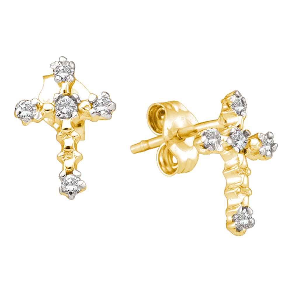14kt Yellow Gold Womens Round Diamond Cross Religious Earrings 1/20 Cttw