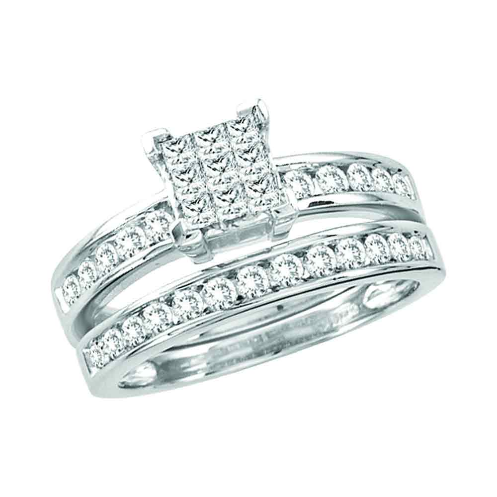 14kt White Gold Womens Princess Diamond Cluster Bridal Wedding Engagement Ring Band Set 1.00 Cttw