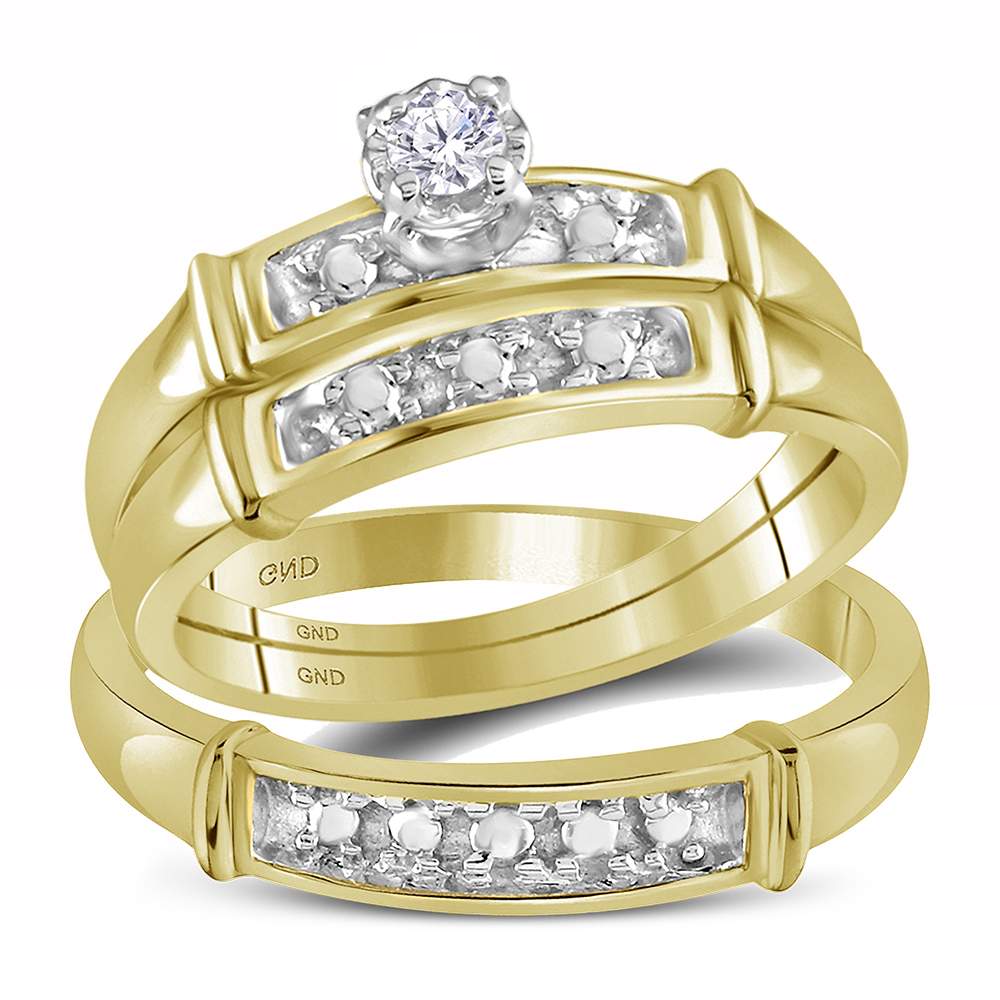 14kt Yellow Gold His & Hers Round Diamond Solitaire Matching Bridal Wedding Ring Band Set 1/10 Cttw