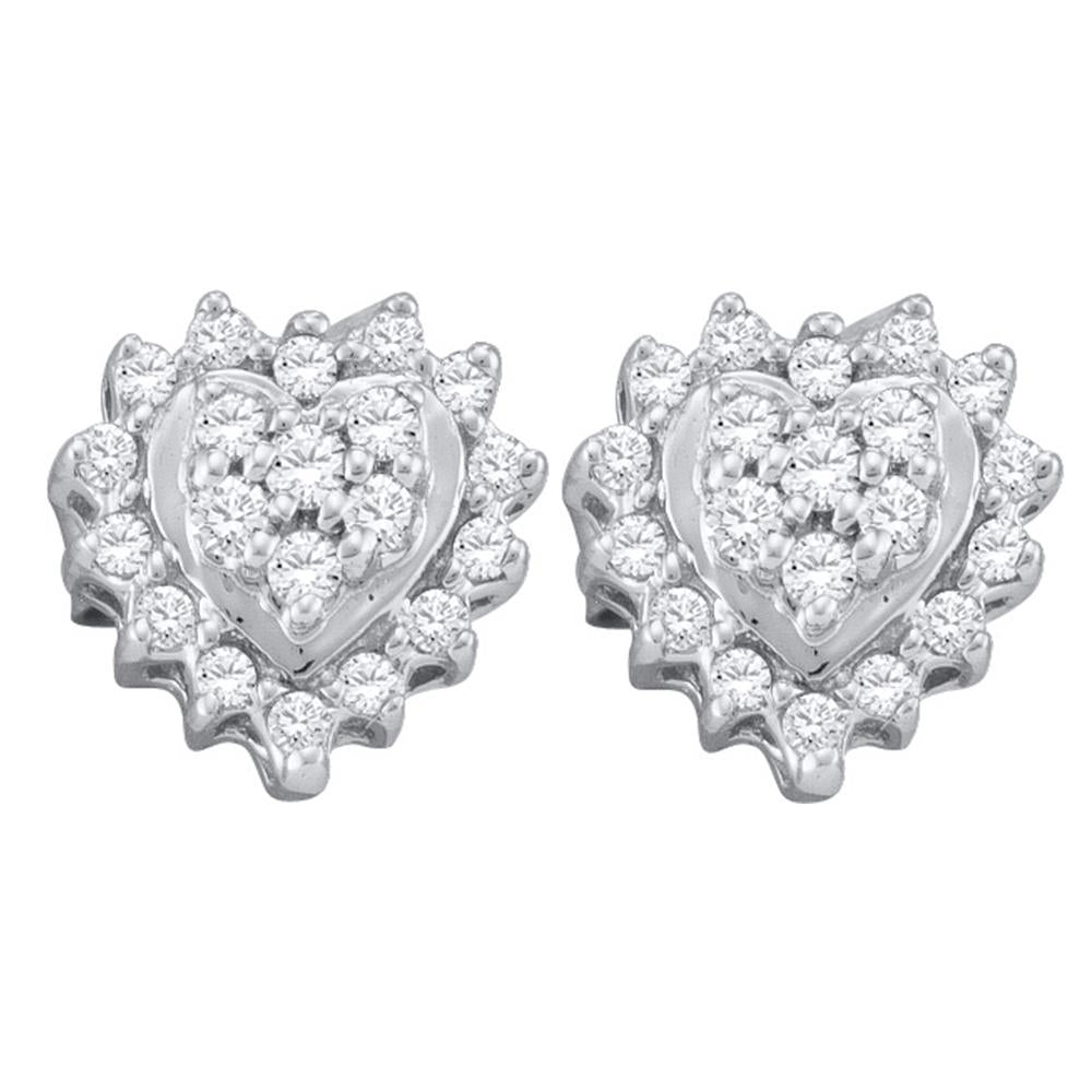 10kt White Gold Womens Round Diamond Heart Cluster Screwback Earrings 1/4 Cttw