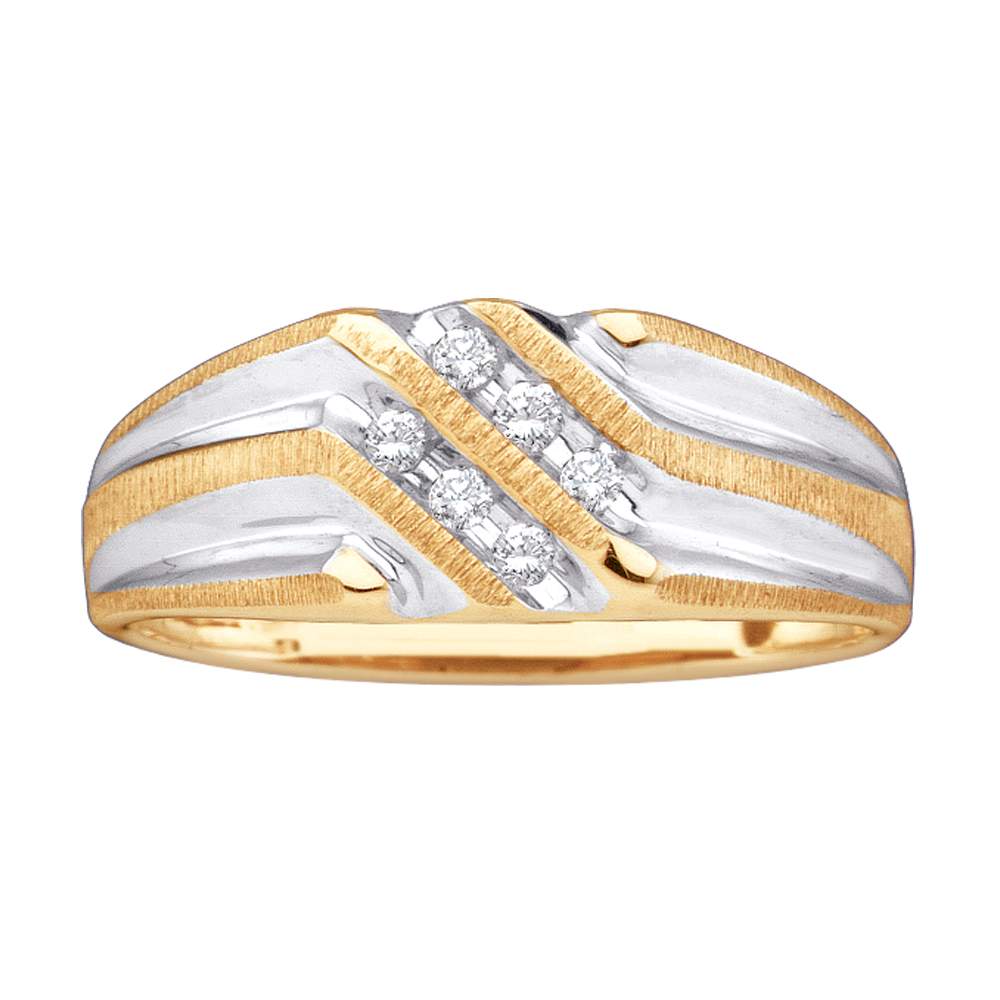 10kt Yellow Gold Mens Round Diamond Double Row Two-tone Ridged Wedding Band Ring 1/8 Cttw