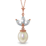 14K Solid Rose Gold Necklace with pearl & Aquamarines