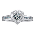 14kt White Gold Womens Round Blue Color Enhanced Diamond Heart Cluster Ring 1/4 Cttw