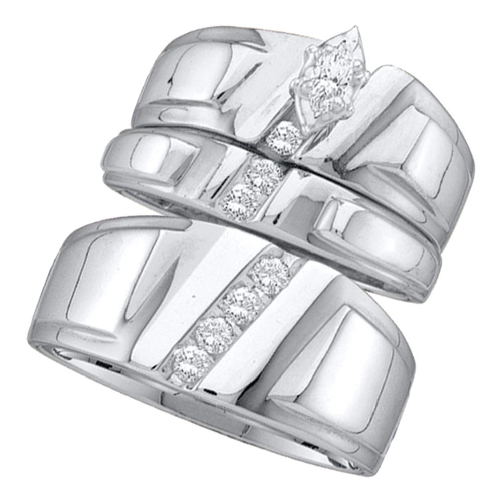 14k White Gold Marquise Diamond Solitaire Womens Mens Matching Trio Wedding Bridal Set 1/4 Cttw