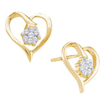 10kt Yellow Gold Womens Round Diamond Cluster Heart Screwback Earrings 1/6 Cttw