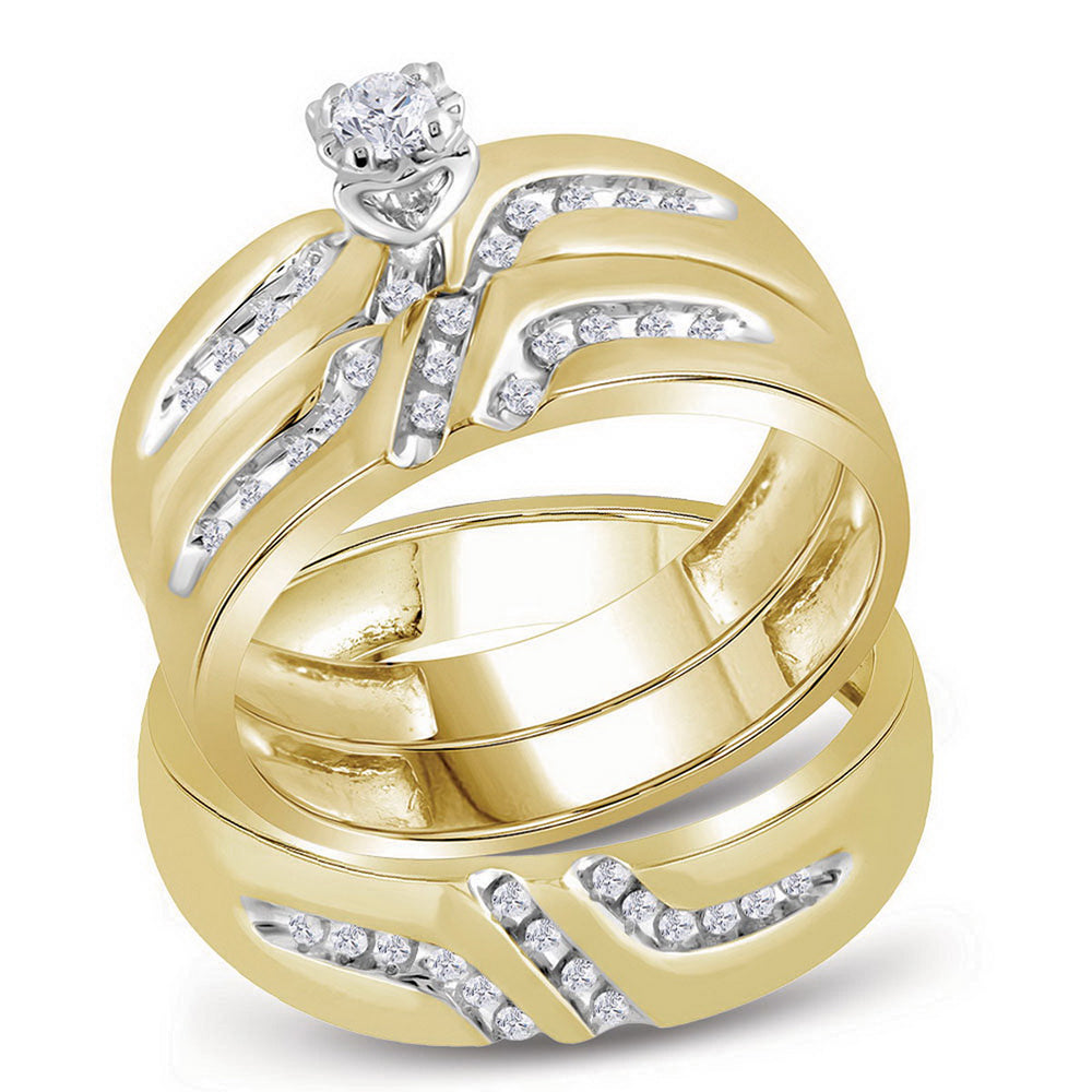 10kt Yellow Gold His & Hers Round Diamond Solitaire Matching Bridal Wedding Ring Band Set 1/4 Cttw
