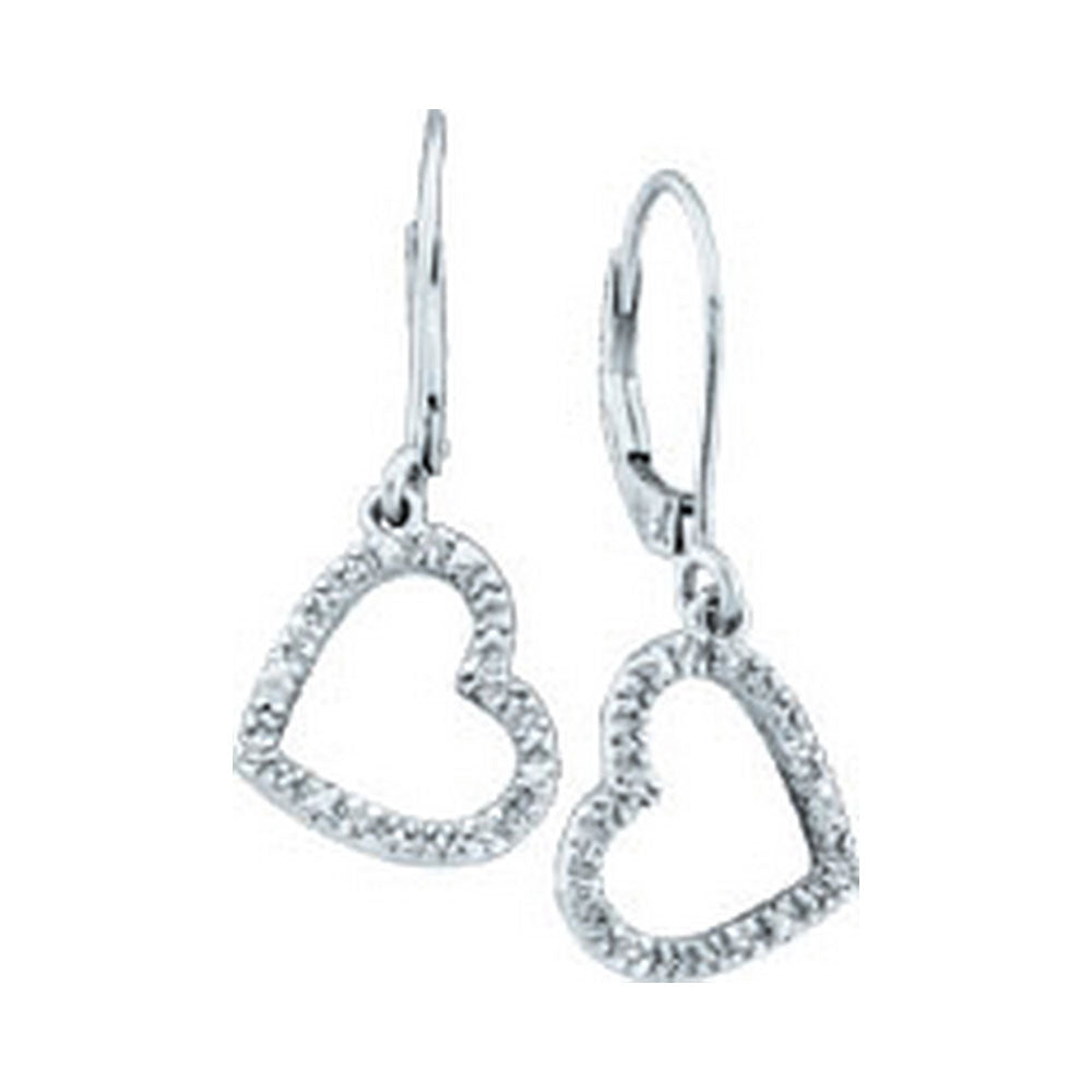 10kt White Gold Womens Round Diamond Heart Love Dangle Earrings 1/20 Cttw