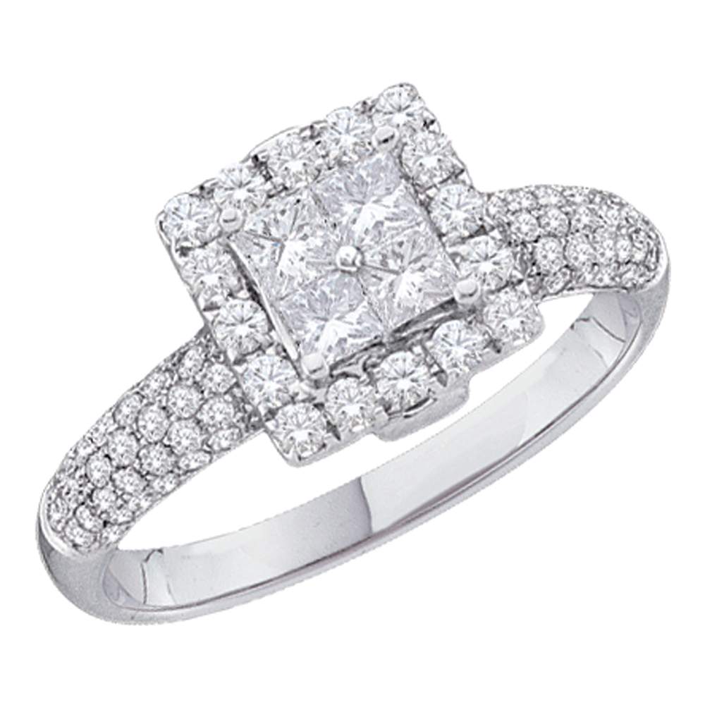 14kt White Gold Womens Princess Diamond Cluster Halo Bridal Wedding Engagement Ring 1.00 Cttw
