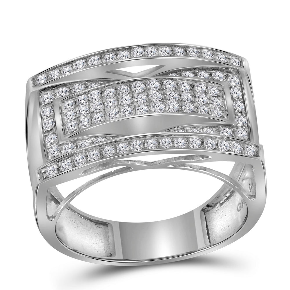 10kt White Gold Mens Round Pave-set Diamond Rectangle Cluster Fashion Ring 1.00 Cttw