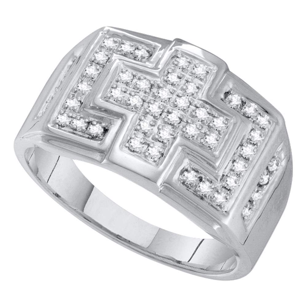 10kt White Gold Mens Round Diamond Square Cross Cluster Ring 1/3 Cttw