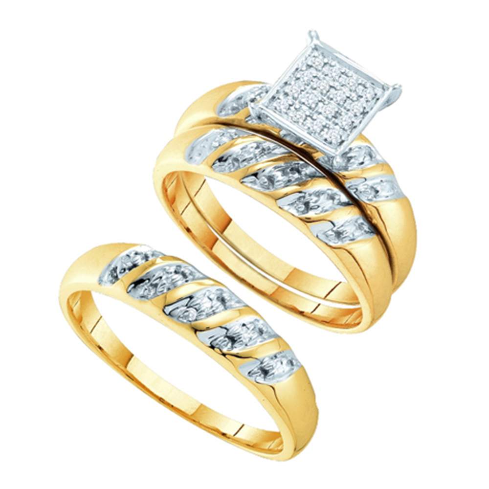 14k Two-tone Gold His & Hers Round Diamond Cluster Matching Bridal Wedding Ring Band Set 1/12 Cttw