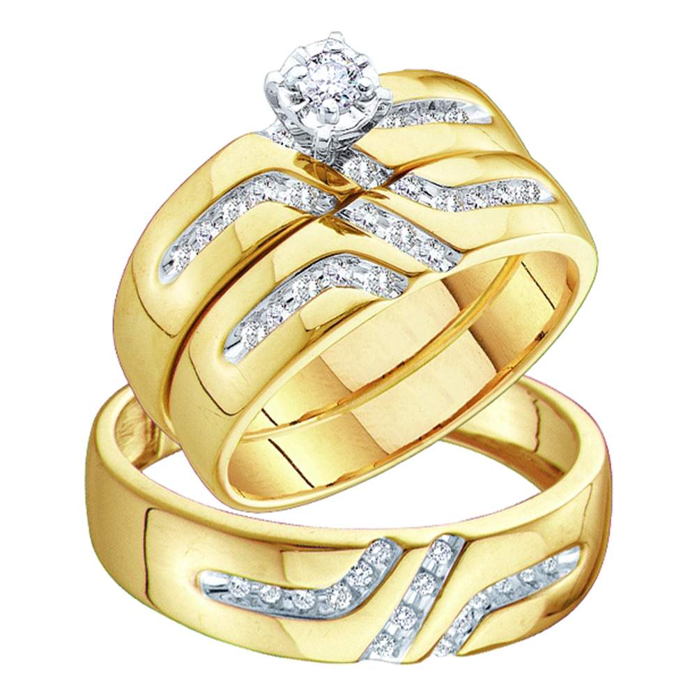 14kt Yellow Gold His & Hers Round Diamond Solitaire Matching Bridal Wedding Ring Band Set 1/4 Cttw