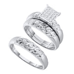 10kt White Gold His & Hers Round Diamond Cluster Matching Bridal Wedding Ring Band Set 1/12 Cttw