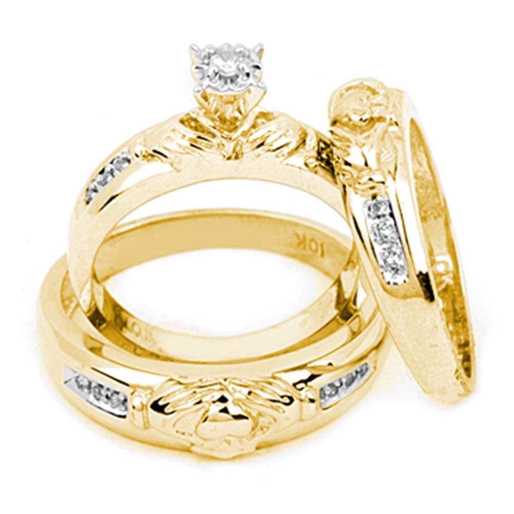 14kt Yellow Gold His & Hers Round Diamond Claddagh Matching Bridal Wedding Ring Band Set 1/8 Cttw