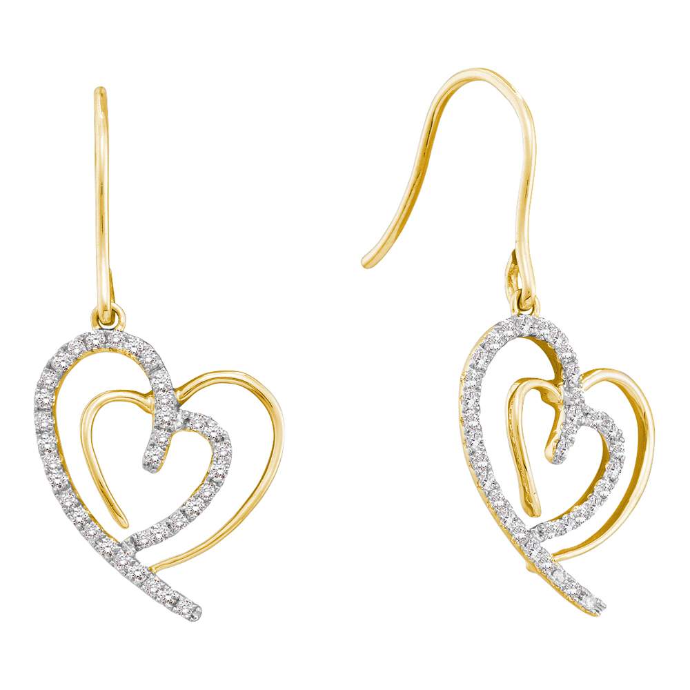 10kt Yellow Gold Womens Round Diamond Heart Love Dangle Wire Earrings 3/8 Cttw