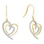 10kt Yellow Gold Womens Round Diamond Heart Love Dangle Wire Earrings 3/8 Cttw