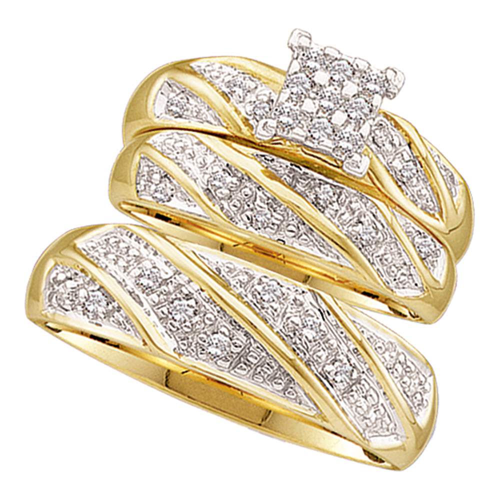 14kt Yellow Gold His & Hers Round Diamond Cluster Matching Bridal Wedding Ring Band Set 1/4 Cttw