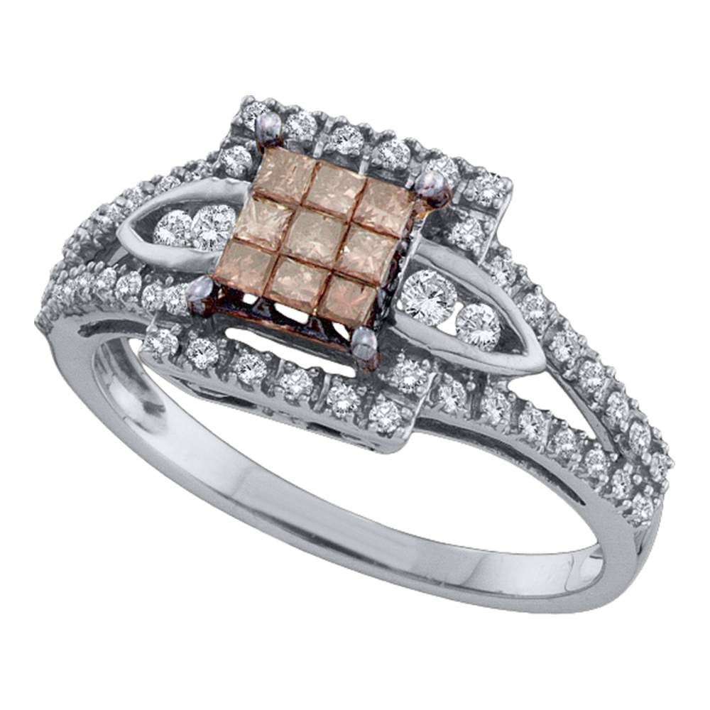 14kt White Gold Womens Princess Cognac-brown Color Enhanced Diamond Square Cluster Ring 1/2 Cttw