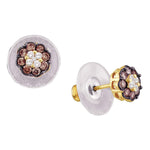 14kt Yellow Gold Womens Round Cognac-brown Color Enhanced Diamond Cluster Earrings 1/2 Cttw
