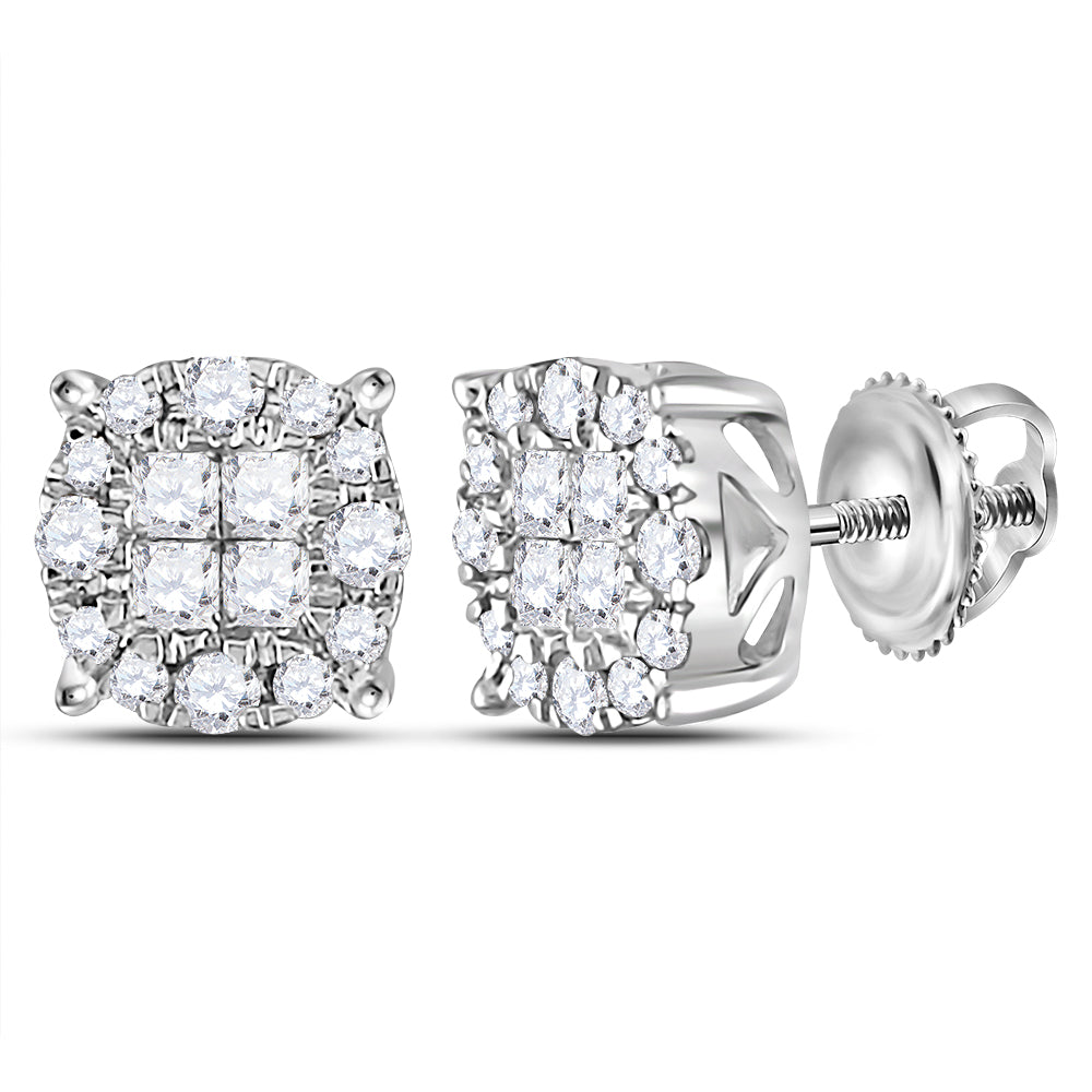 14kt White Gold Womens Princess Round Diamond Soleil Cluster Earrings 1/2 Cttw