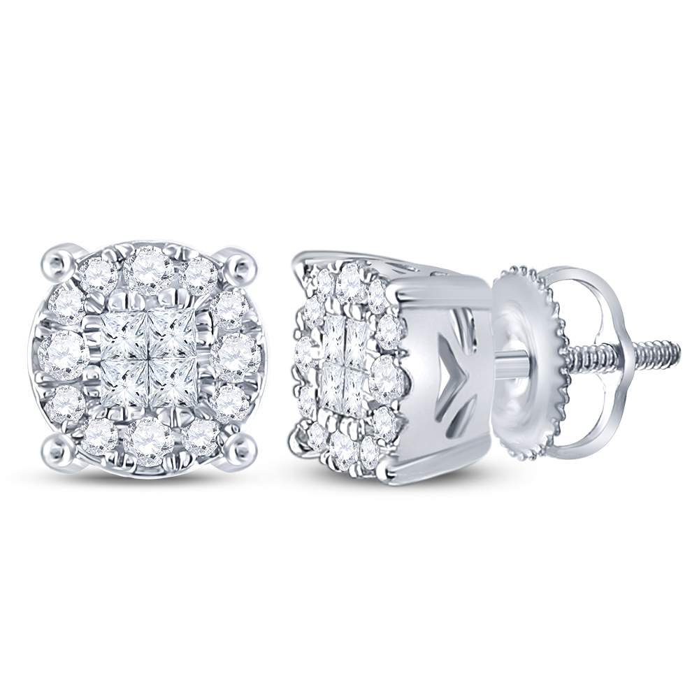 14kt White Gold Womens Princess Round Diamond Soleil Cluster Earrings 1/4 Cttw