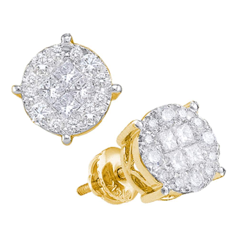 14kt Yellow Gold Womens Princess Round Diamond Soleil Cluster Earrings 1/2 Cttw