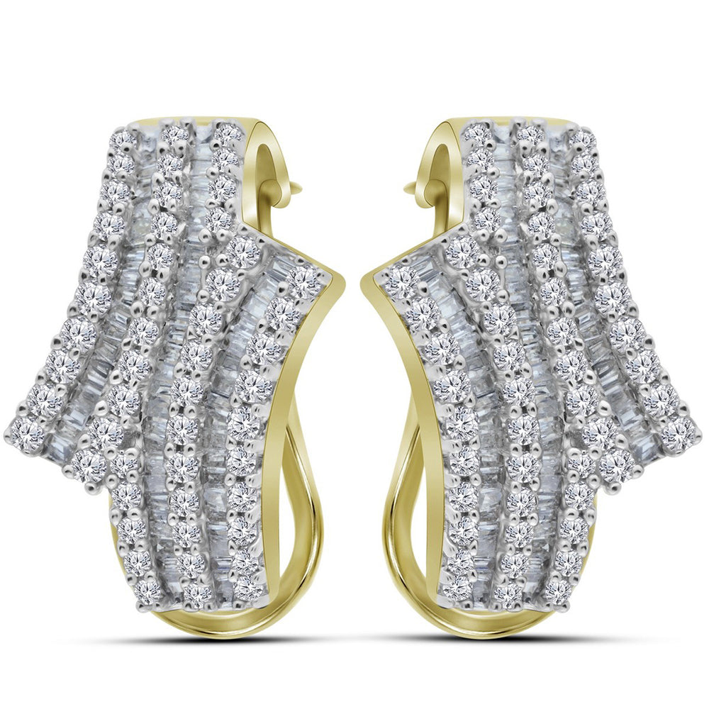 14kt Yellow Gold Womens Round Baguette Diamond Bypass Hoop Earrings 1-1/8 Cttw