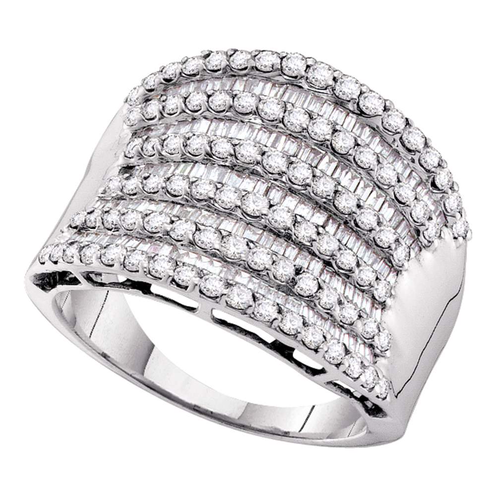 14kt White Gold Womens Round Baguette Diamond Striped Fashion Band Ring 1-5/8 Cttw