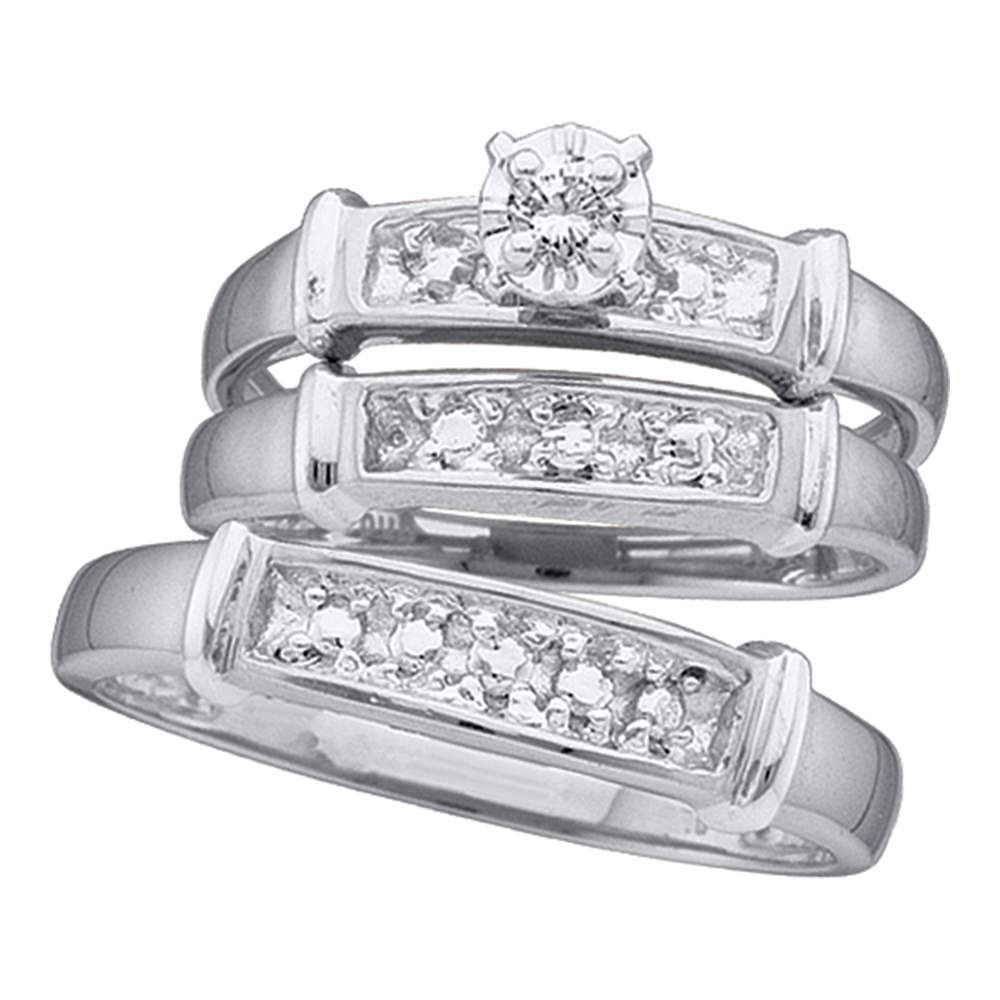 Sterling Silver His & Hers Round Diamond Solitaire Matching Bridal Wedding Ring Band Set 1/12 Cttw