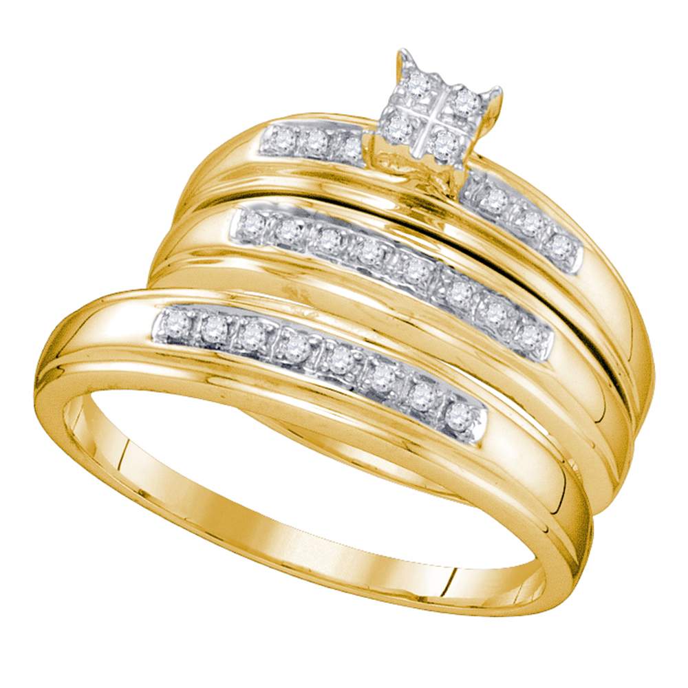 10kt Yellow Gold His & Hers Round Diamond Square Cluster Matching Bridal Wedding Ring Band Set 1/5 Cttw