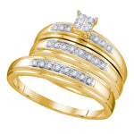14kt Yellow Gold His & Hers Round Diamond Square Cluster Matching Bridal Wedding Ring Band Set 1/5 Cttw