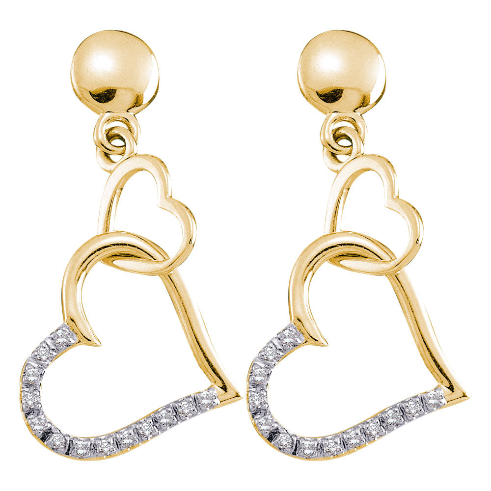 14kt Yellow Gold Womens Round Diamond Linked Hearts Dangle Screwback Earrings 1/10 Cttw