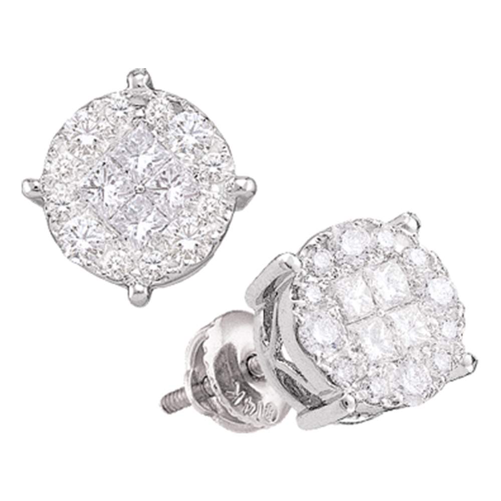 14kt White Gold Womens Princess Round Diamond Soleil Cluster Earrings 1-1/2 Cttw