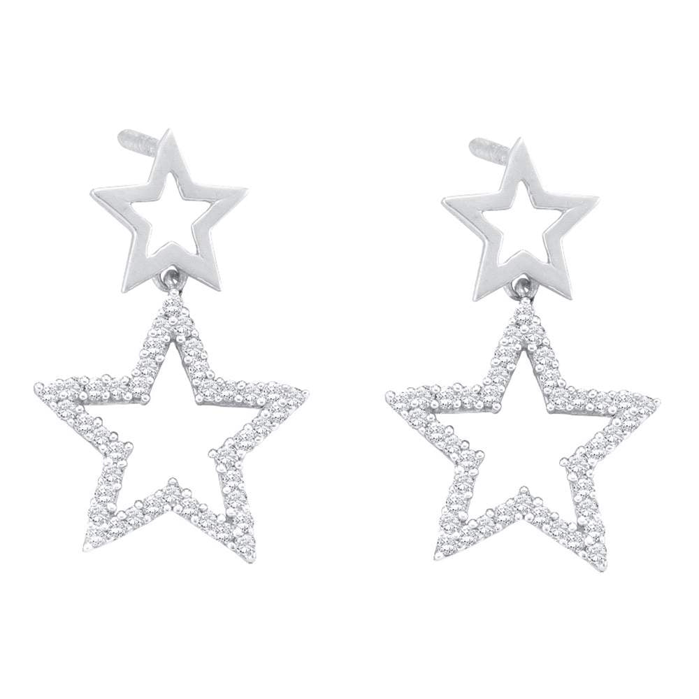 10kt White Gold Womens Round Diamond Double Star Dangle Screwback Earrings 1/4 Cttw