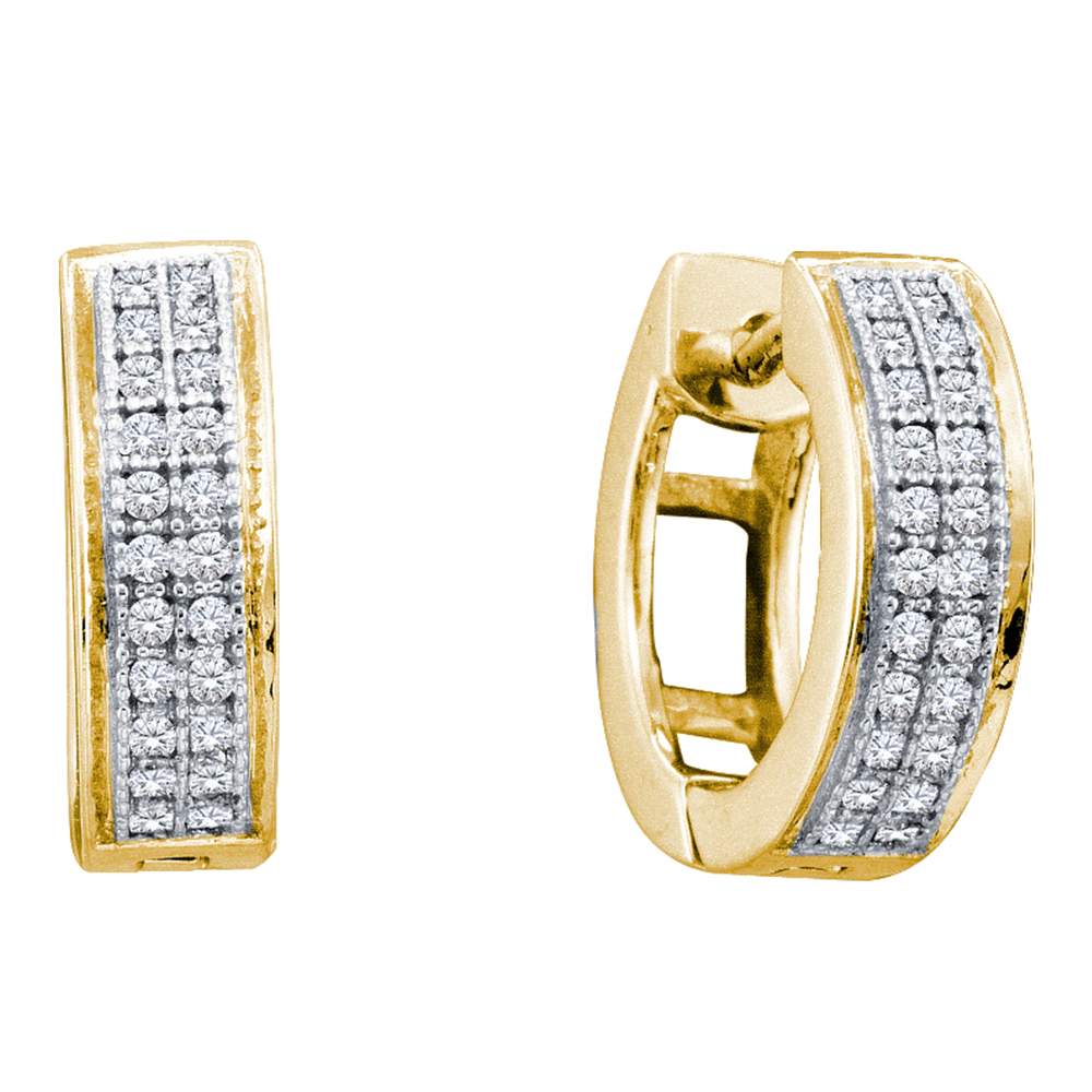 10kt Yellow Gold Womens Round Diamond Double Row Huggie Hoop Earrings 1/6 Cttw