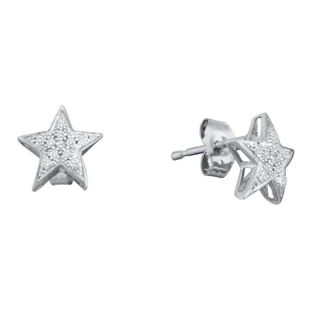 10kt White Gold Womens Round Diamond Star Cluster Screwback Earrings 1/20 Cttw