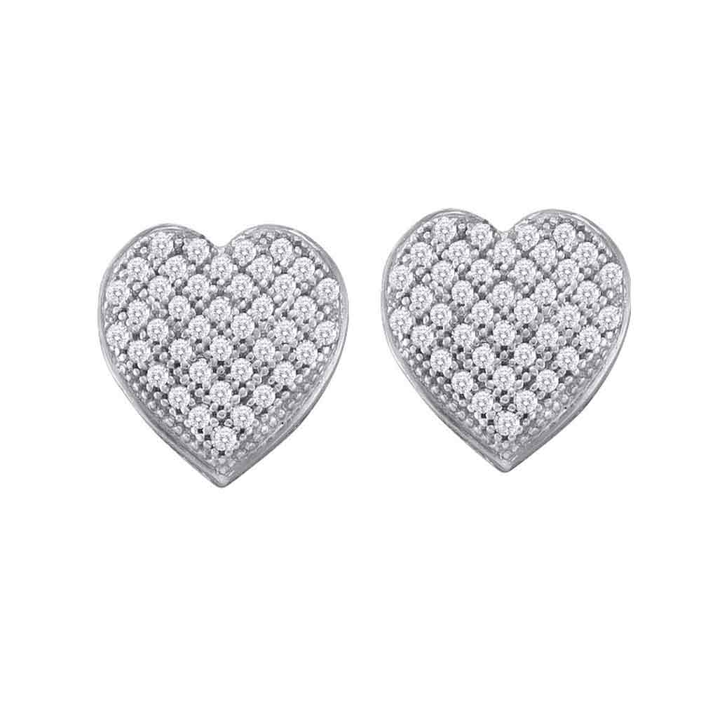 10kt White Gold Womens Round Diamond Heart Cluster Screwback Earrings 1/10 Cttw