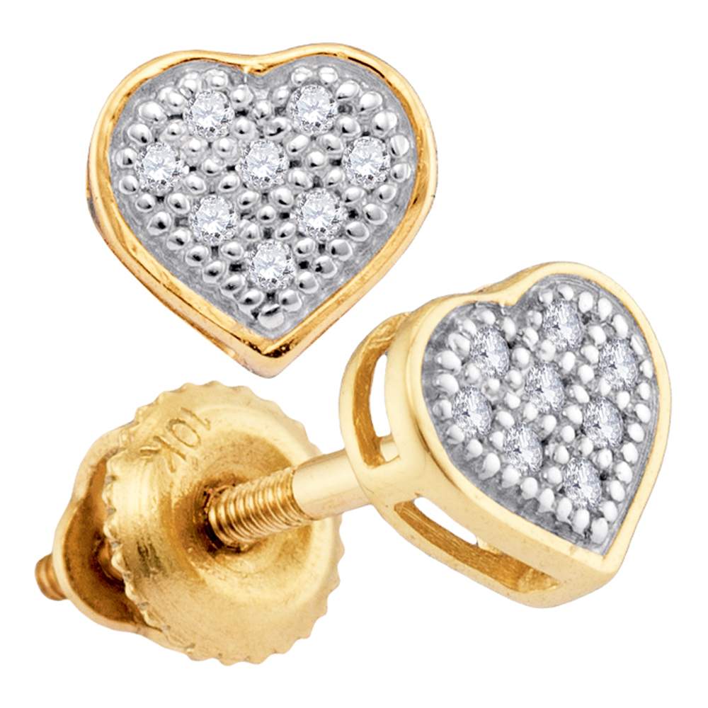 10kt Yellow Gold Womens Round Diamond Heart Cluster Screwback Earrings 1/20 Cttw