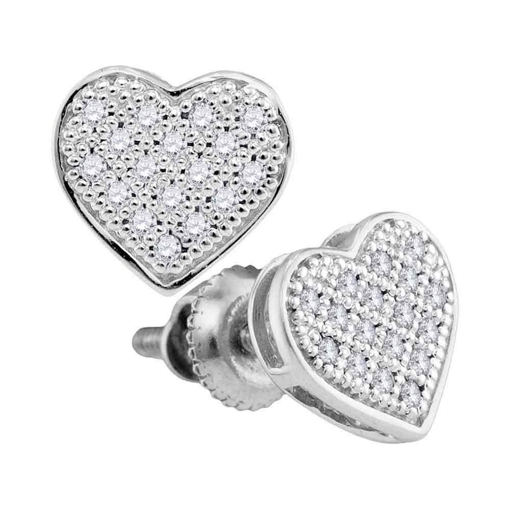 10kt White Gold Womens Round Diamond Heart Cluster Screwback Earrings 1/10 Cttw